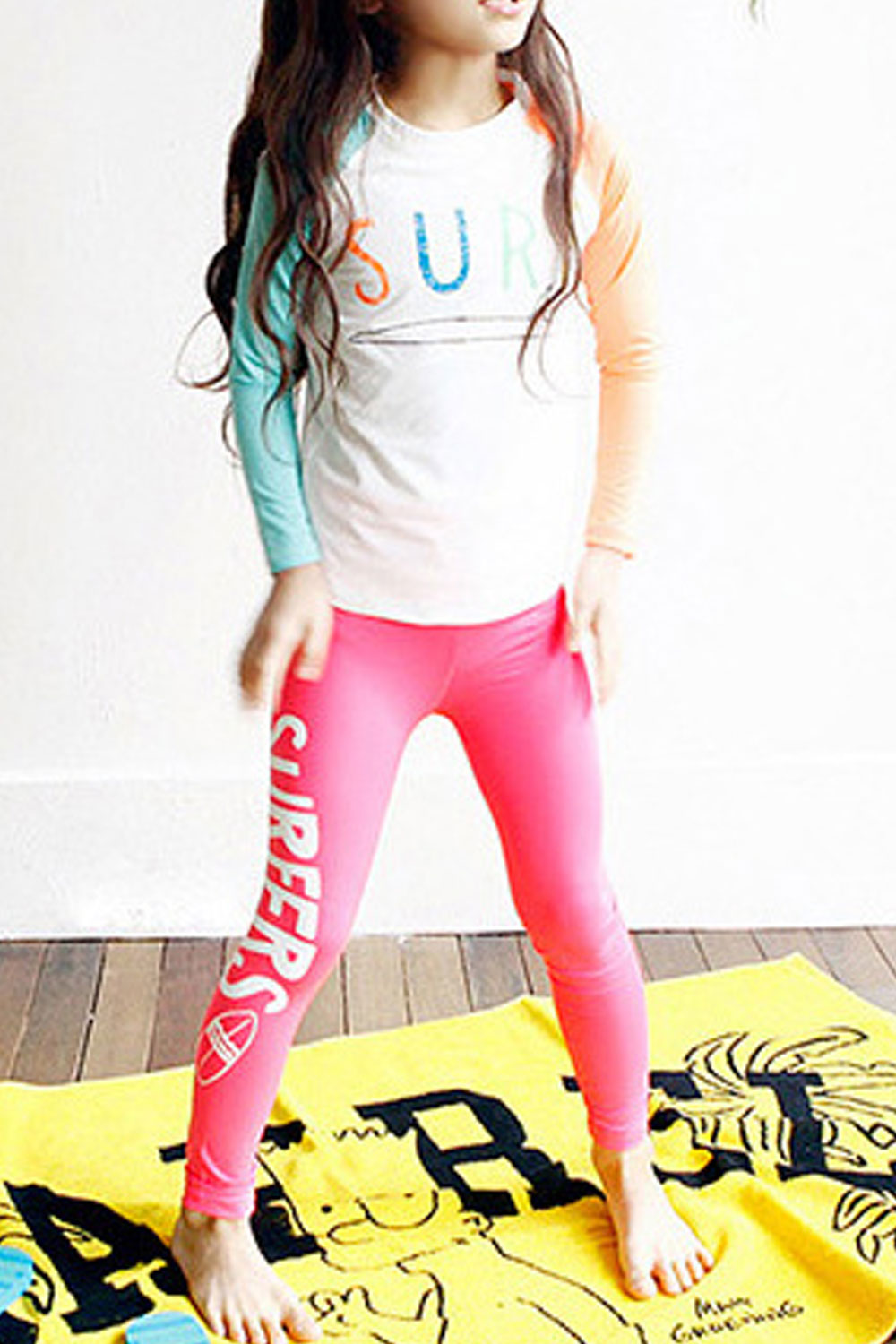 Baby Girls Letter Printed Long Sleeve Elasticated Waist Swimsuit Set