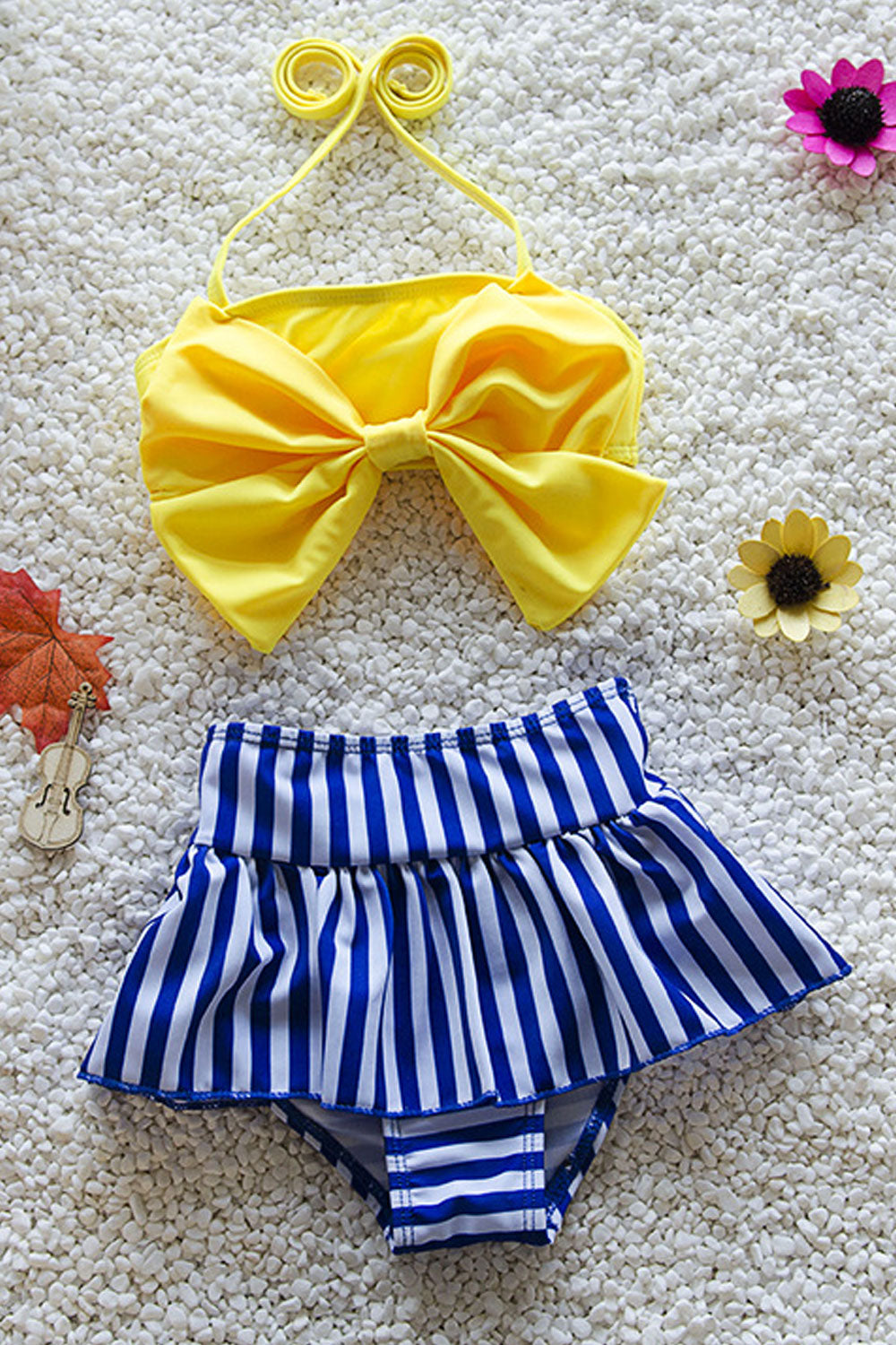 Baby Girls Bow Decorated Style Halter Neck Swimsuit Set