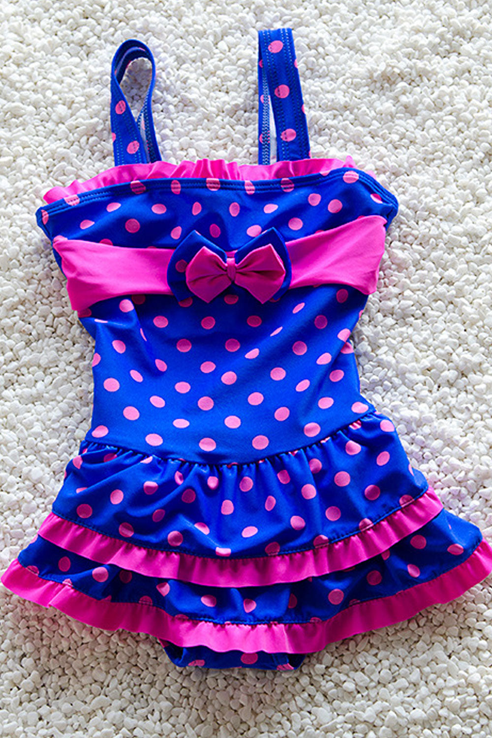 Baby Girls Strap Neck Bow Decorated Polka Dot Swimsuit