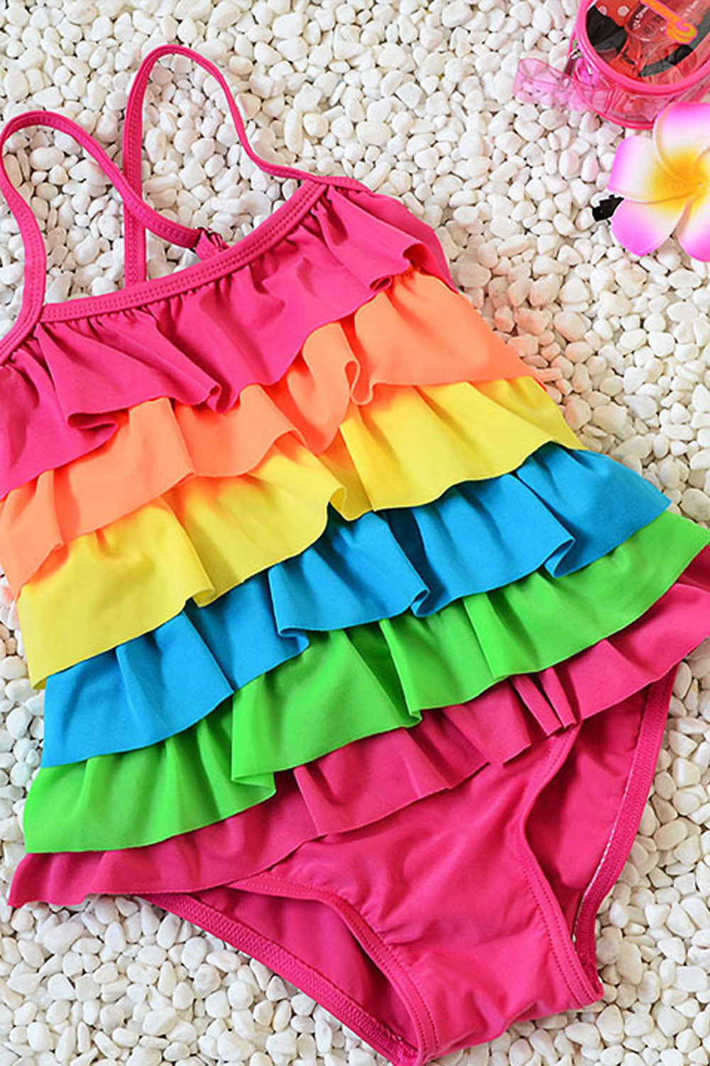 Baby Girls Rainbow Color Adjustable Strap Neck Swimsuit Set