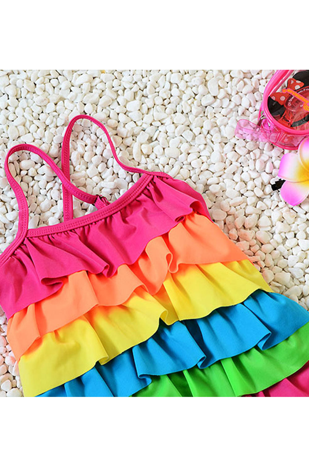 Baby Girls Rainbow Color Adjustable Strap Neck Swimsuit Set