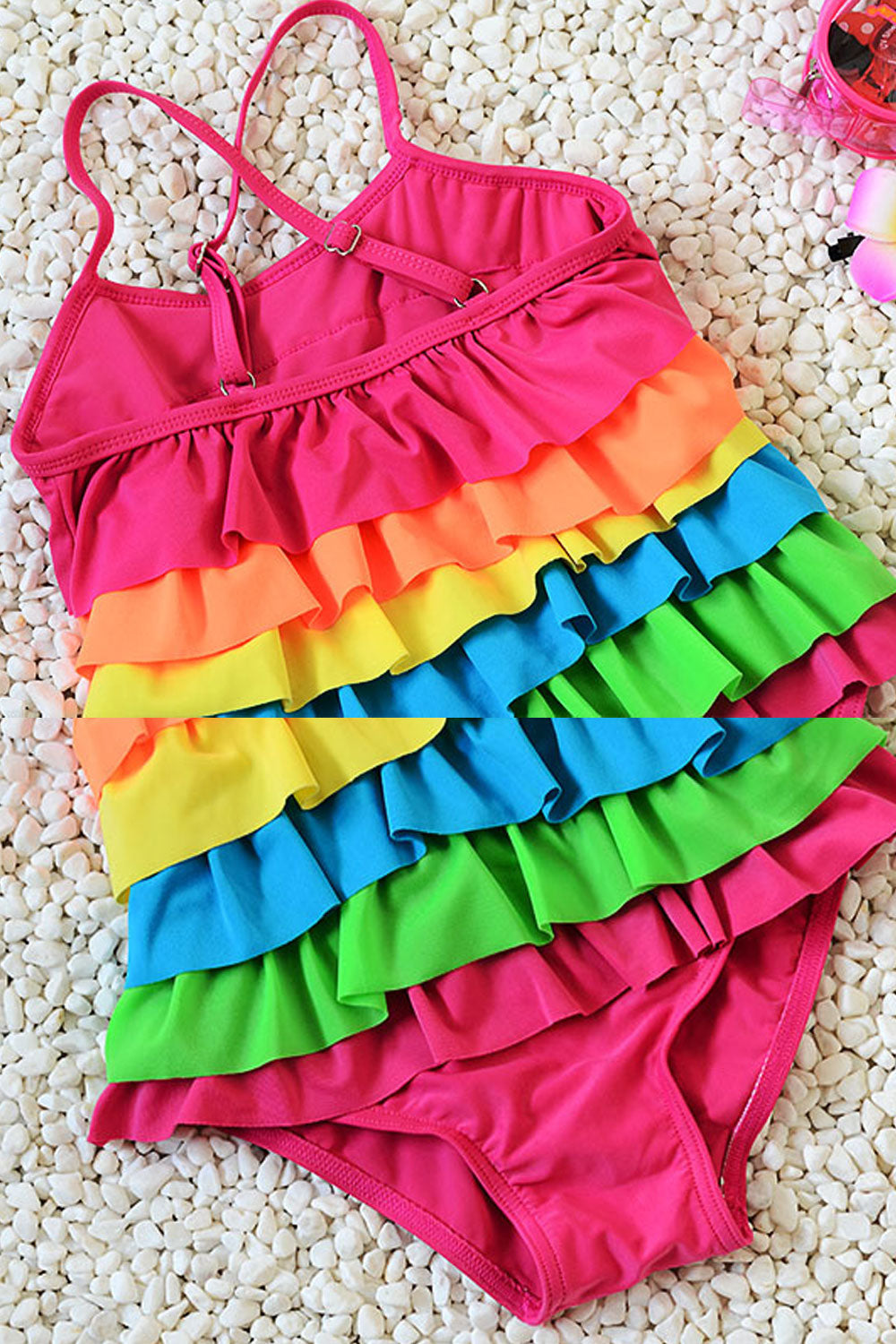 Baby Girls Rainbow Color Adjustable Strap Neck Swimsuit Set