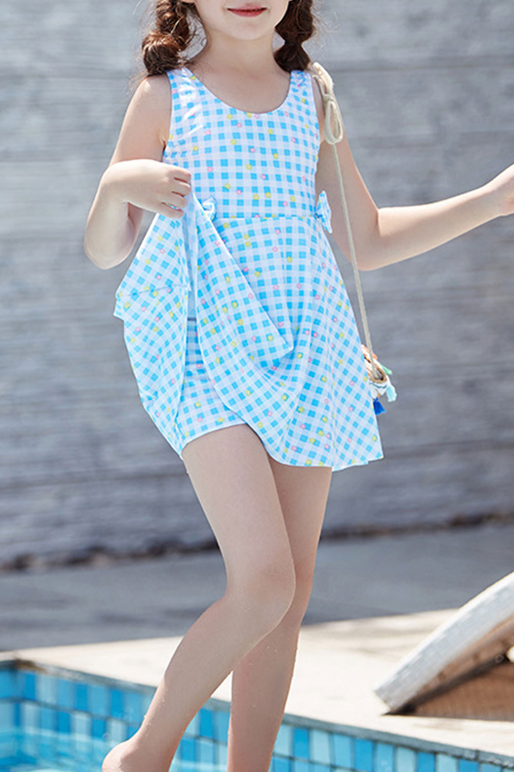 Toddler Girls Plaid Pattern Cute Bow One Piece Swimsuit