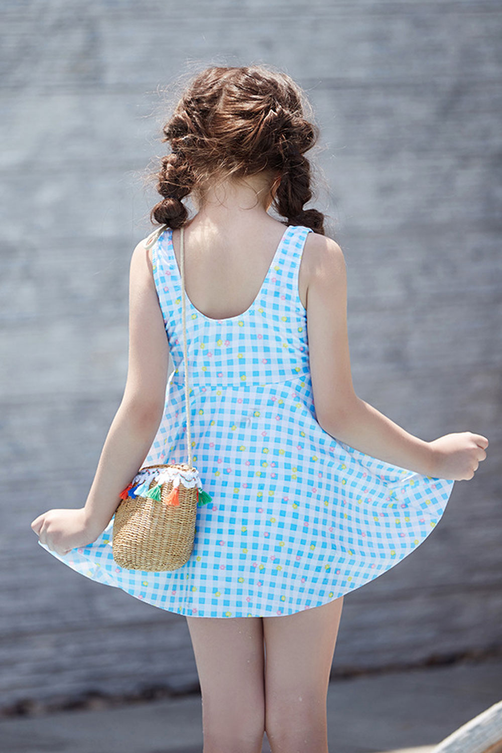 Toddler Girls Plaid Pattern Cute Bow One Piece Swimsuit