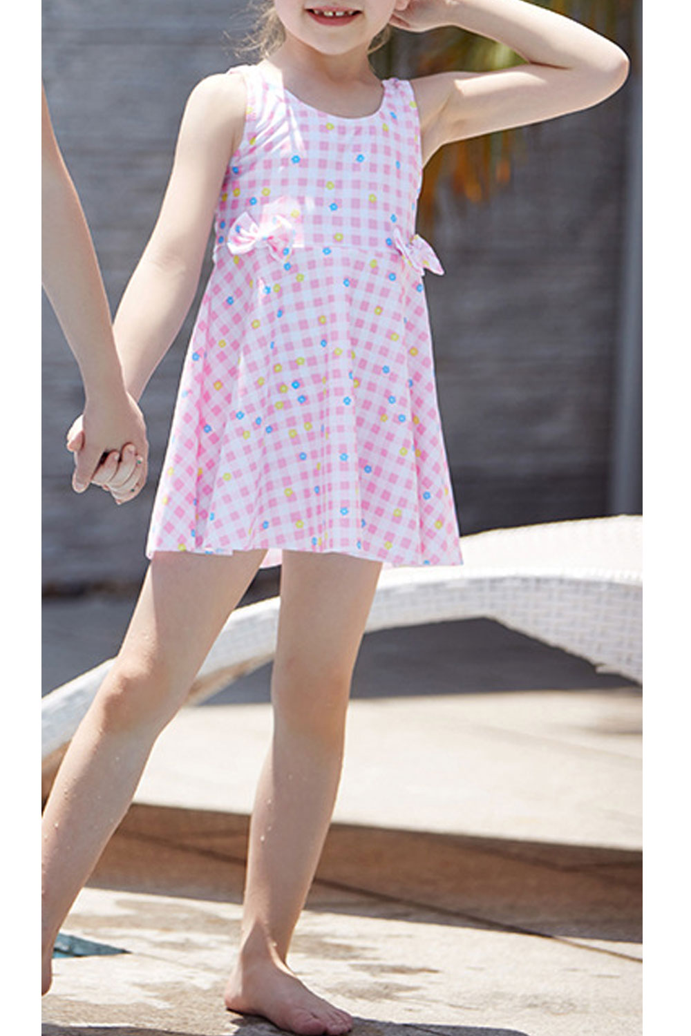 Toddler Girls Plaid Pattern Cute Bow One Piece Swimsuit