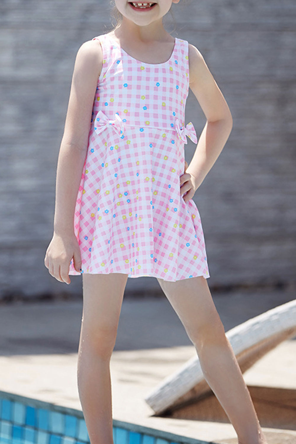 Toddler Girls Plaid Pattern Cute Bow One Piece Swimsuit