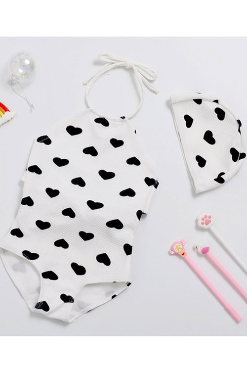 Baby Girls Cute Heart Printed Halter Tie Neck Swimsuit