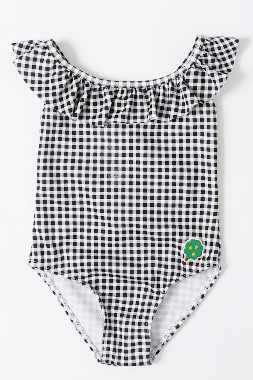 Baby Girls Ruffled Neck Plaid Pattern One Piece Swimsuit