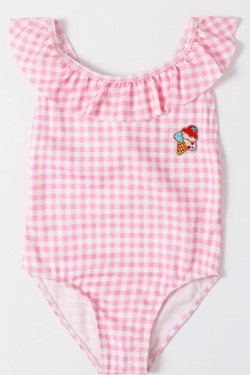 Baby Girls Ruffled Neck Plaid Pattern One Piece Swimsuit