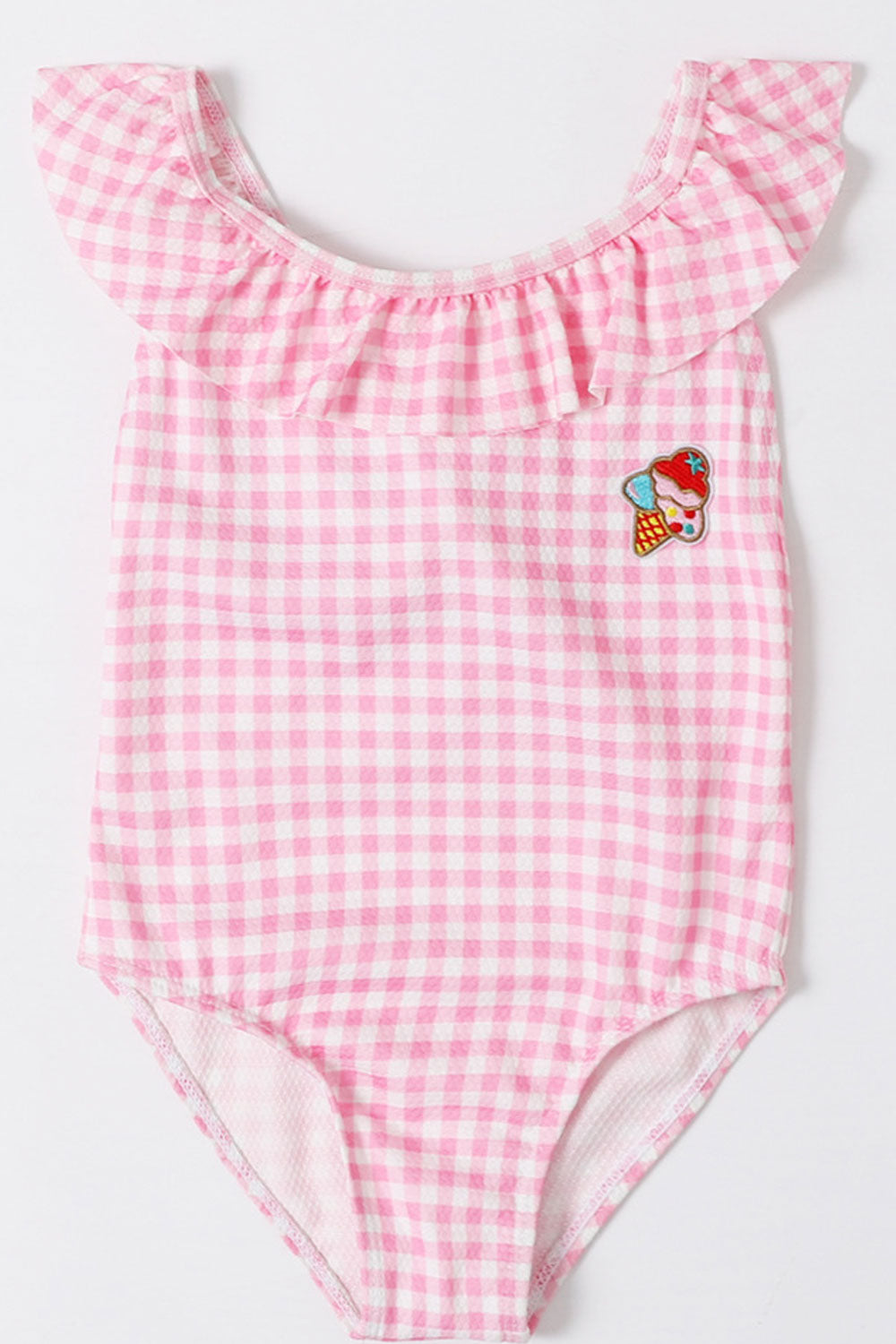 Baby Girls Ruffled Neck Plaid Pattern One Piece Swimsuit