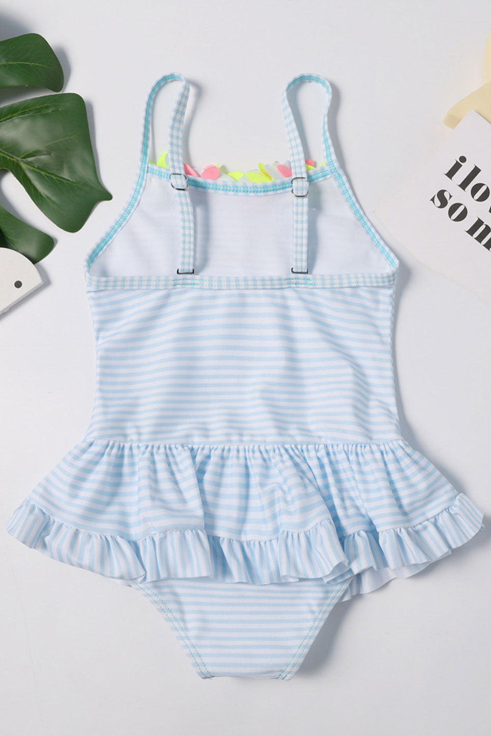 Baby Girls Striped Pattern Floral Decorated One Piece Swimsuit