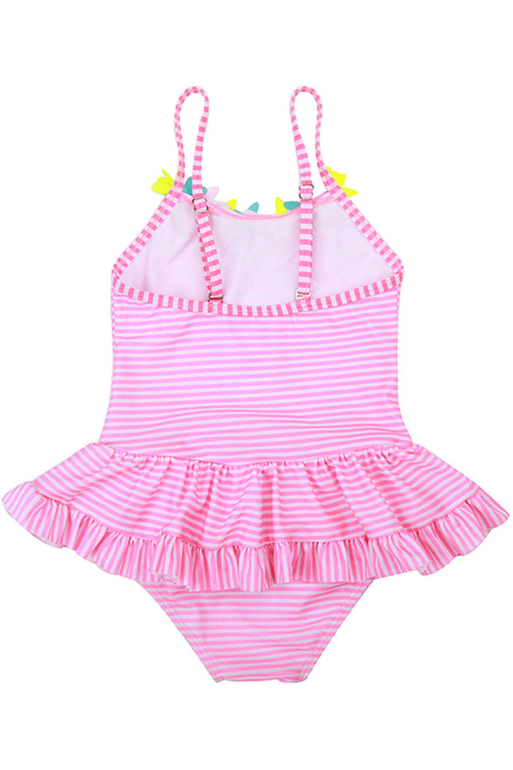 Baby Girls Striped Pattern Floral Decorated One Piece Swimsuit