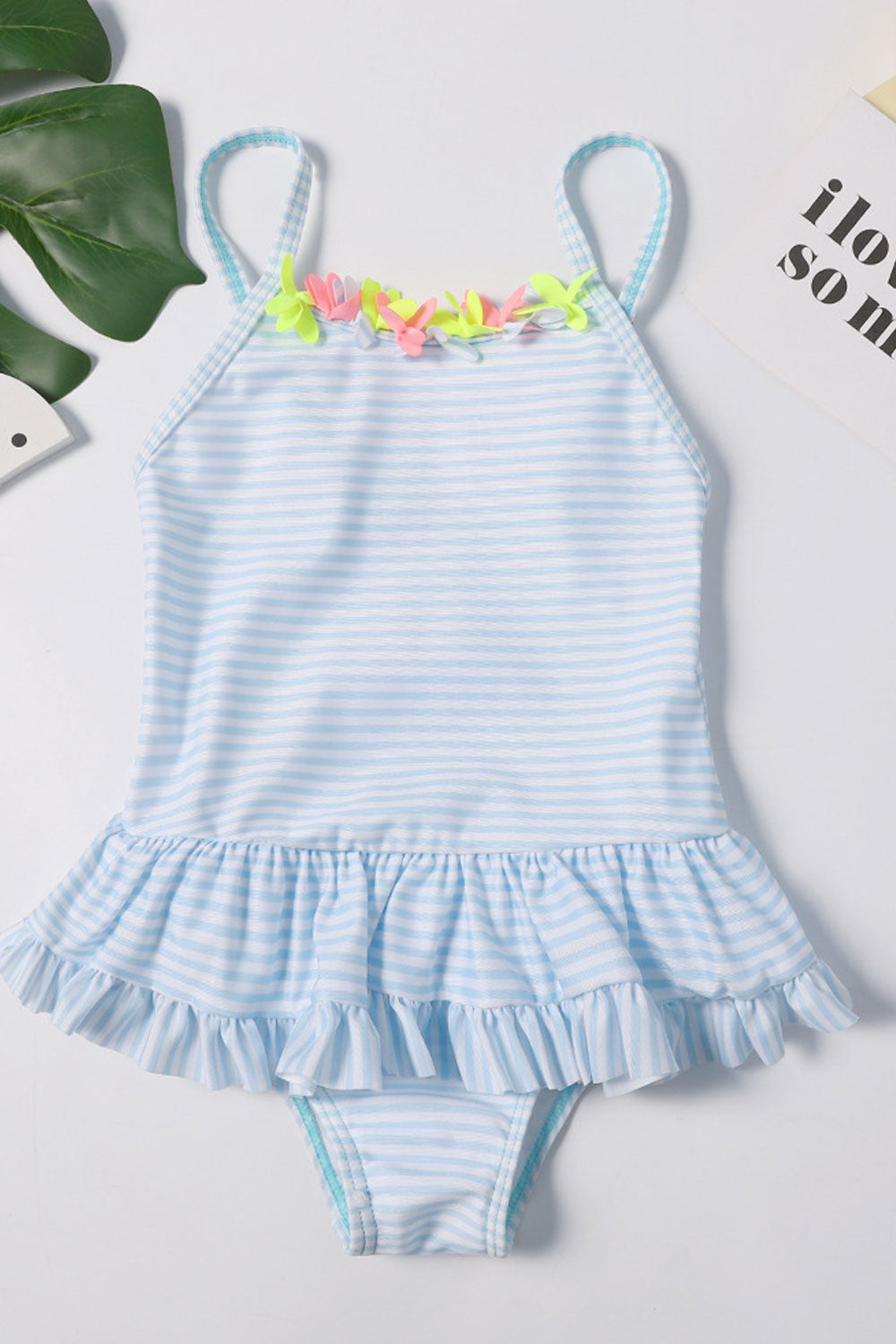 Baby Girls Striped Pattern Floral Decorated One Piece Swimsuit