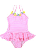 Baby Girls Striped Pattern Floral Decorated One Piece Swimsuit