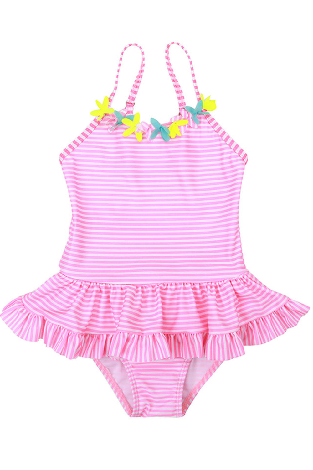 Baby Girls Striped Pattern Floral Decorated One Piece Swimsuit