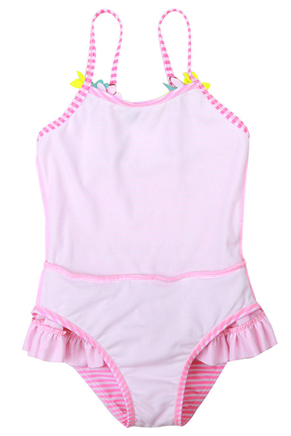 Baby Girls Striped Pattern Floral Decorated One Piece Swimsuit