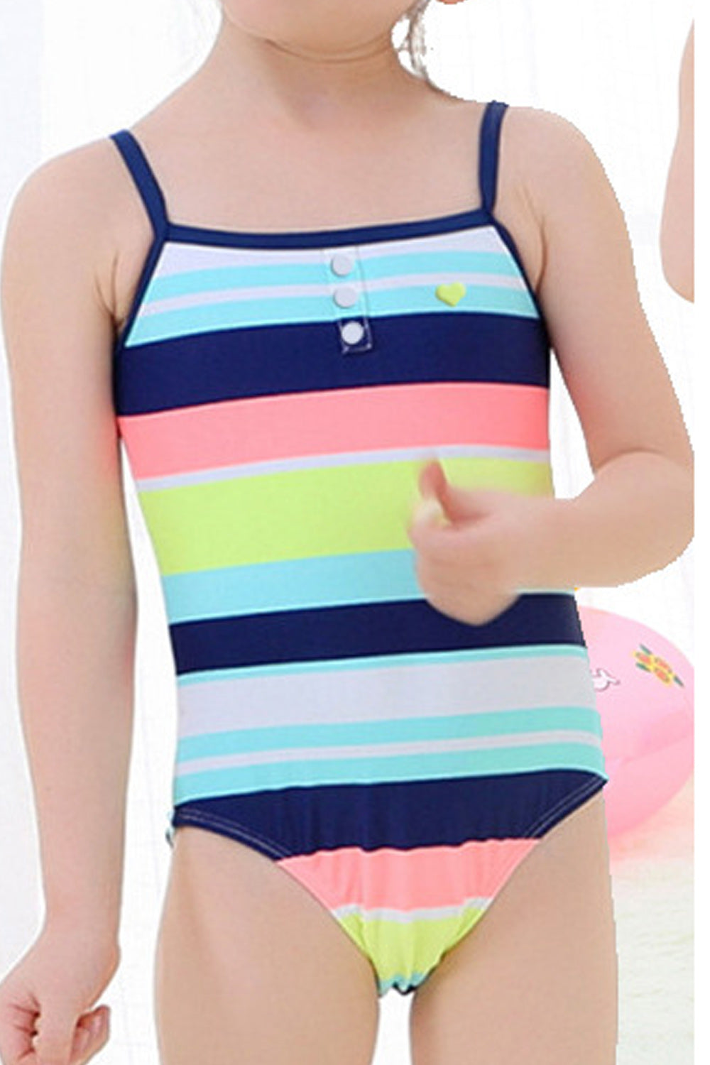 Baby Girls Striped Pattern With Buttons One Piece Swimsuit