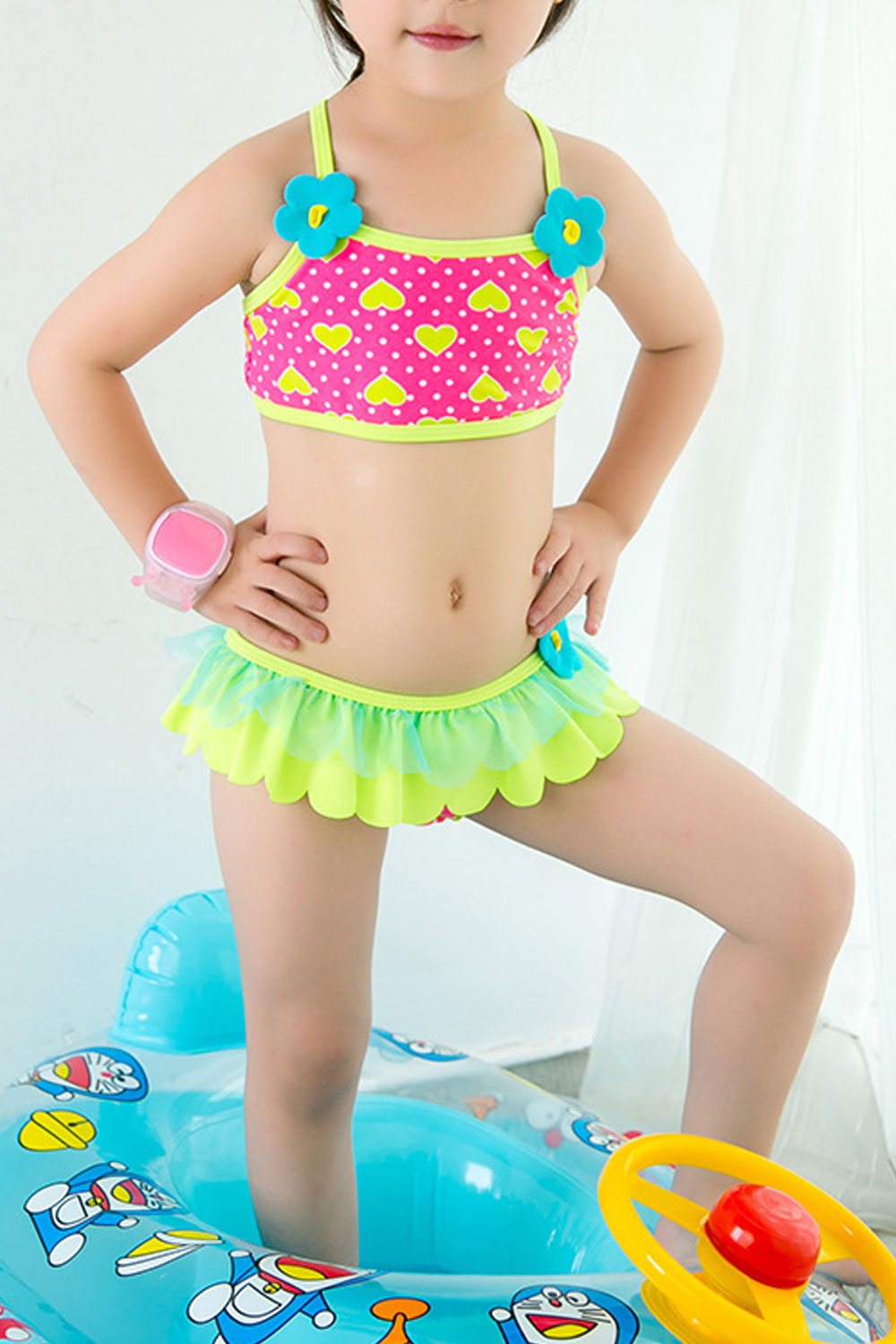 Baby Girls Flower Decorated Ruffled Skirt Cross Strap Swimsuit