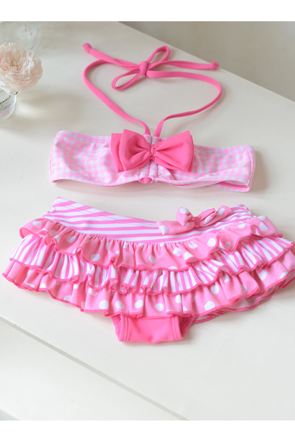Baby Girls Pretty Ruffled Waist Bow Strap Neck Swimsuit