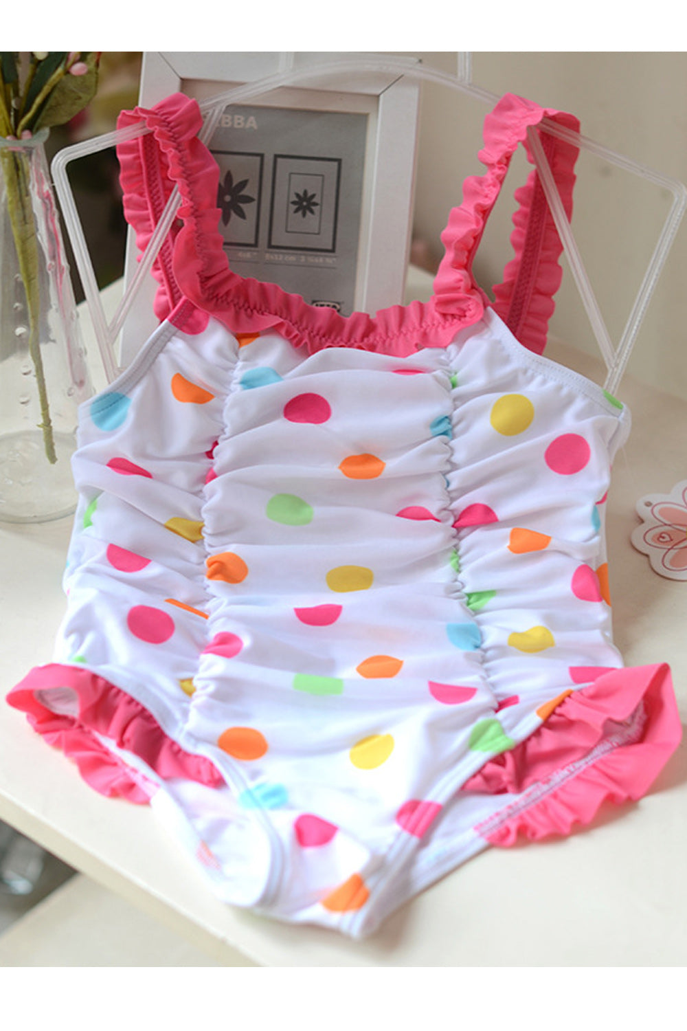Baby Girls Ruffled Neck Polka Dot Print One Piece Swimsuit