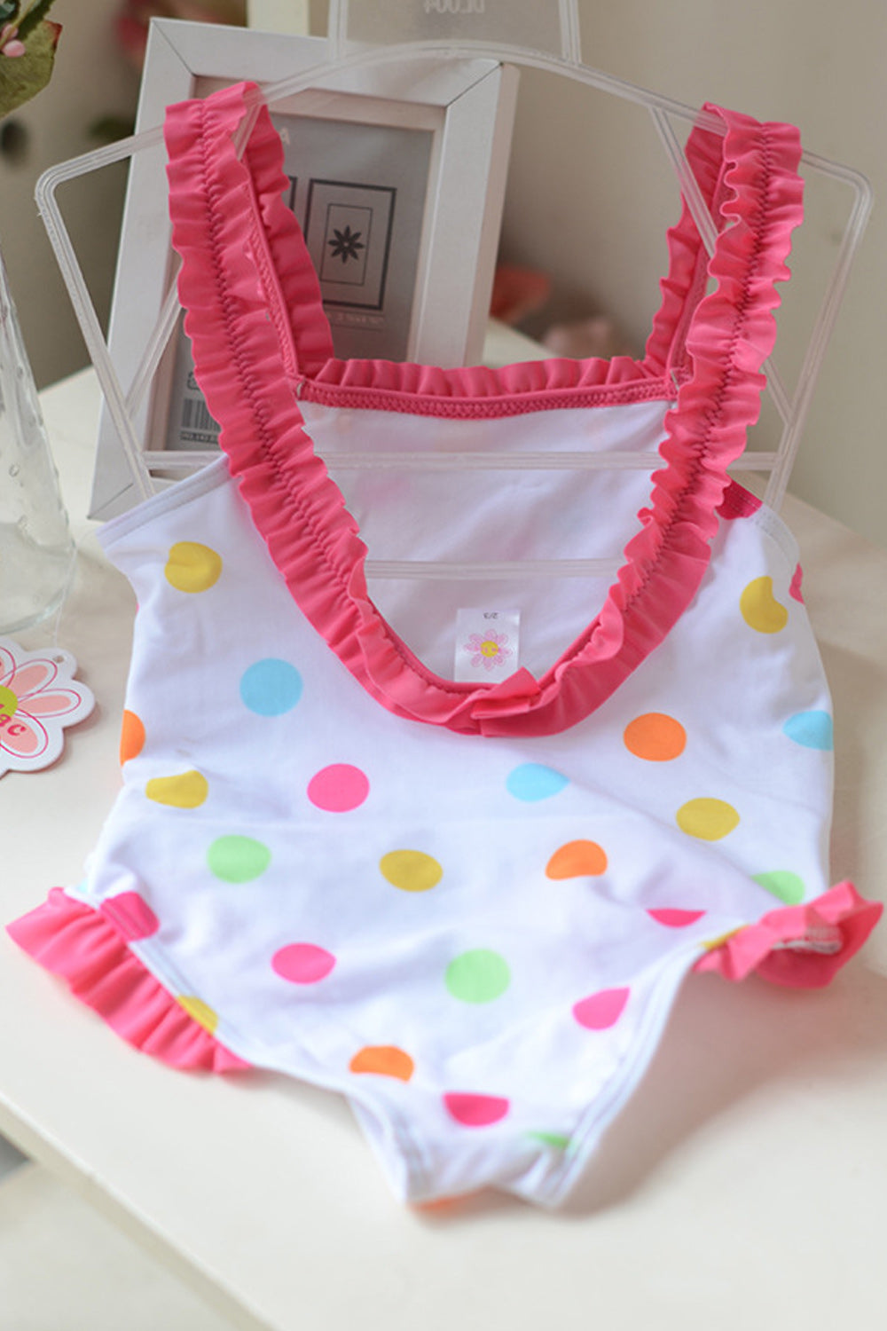 Baby Girls Ruffled Neck Polka Dot Print One Piece Swimsuit