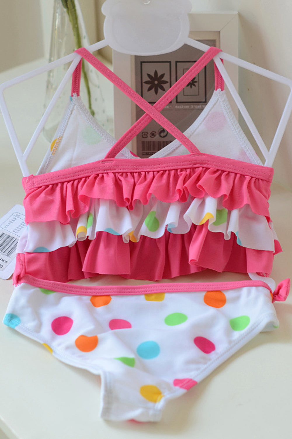 Baby Girls Ruffled Neck Polka Dot Print One Piece Swimsuit