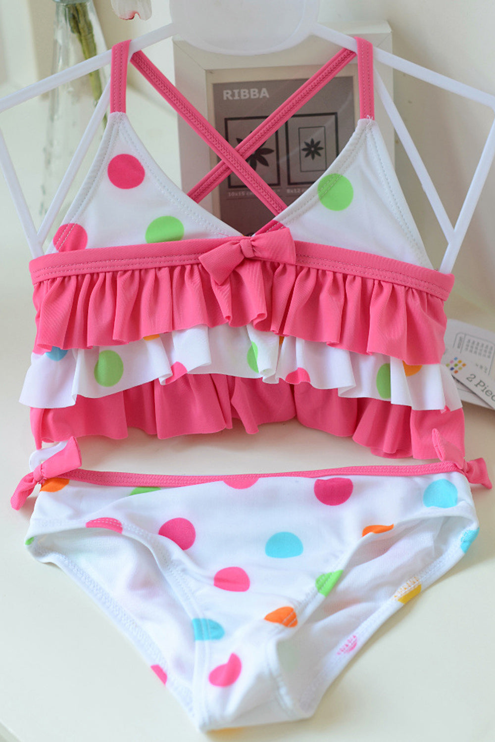Baby Girls Ruffled Neck Polka Dot Print One Piece Swimsuit
