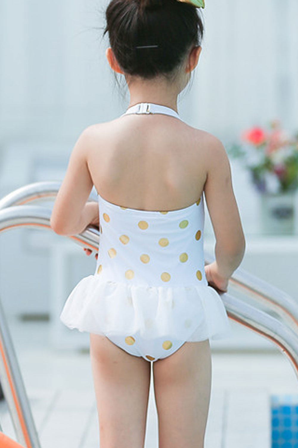 Baby Girls Golden Polka Dot Ruffled Waist One Piece Swimsuit