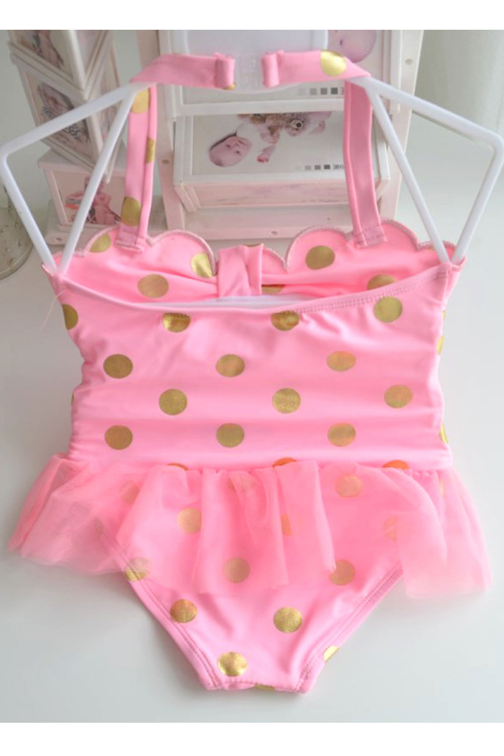Baby Girls Golden Polka Dot Ruffled Waist One Piece Swimsuit