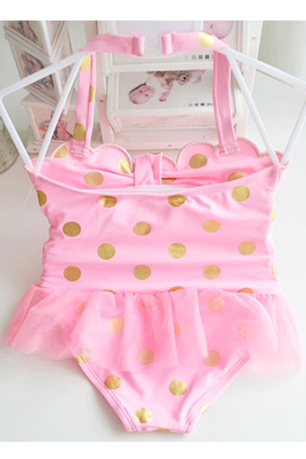 Baby Girls Golden Polka Dot Ruffled Waist One Piece Swimsuit