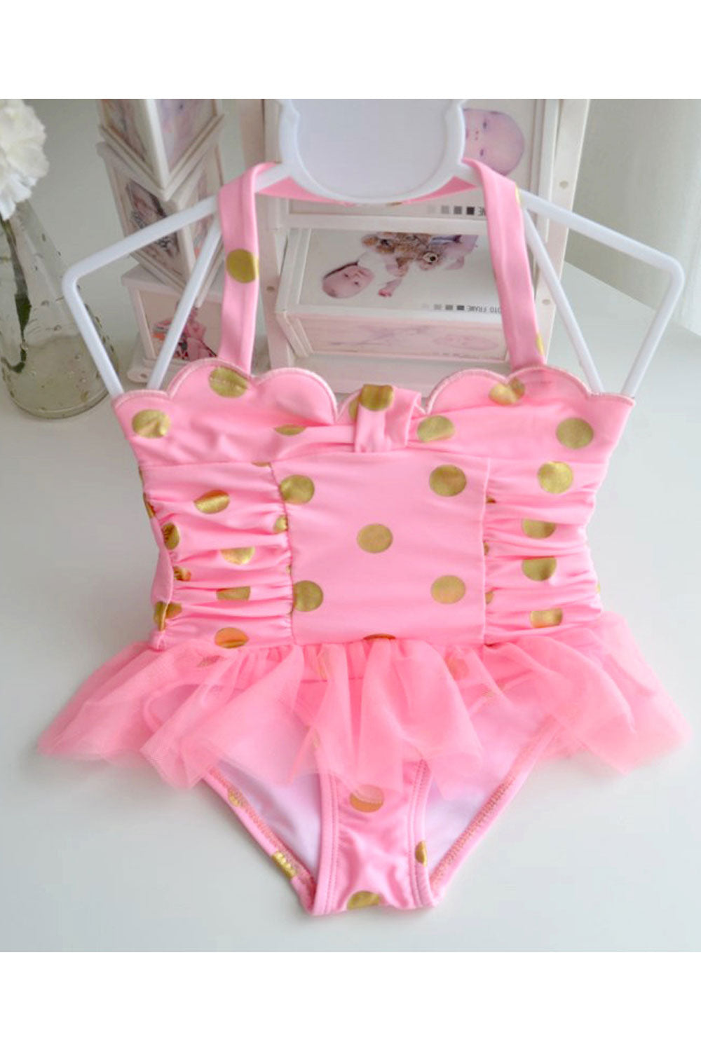 Baby Girls Golden Polka Dot Ruffled Waist One Piece Swimsuit