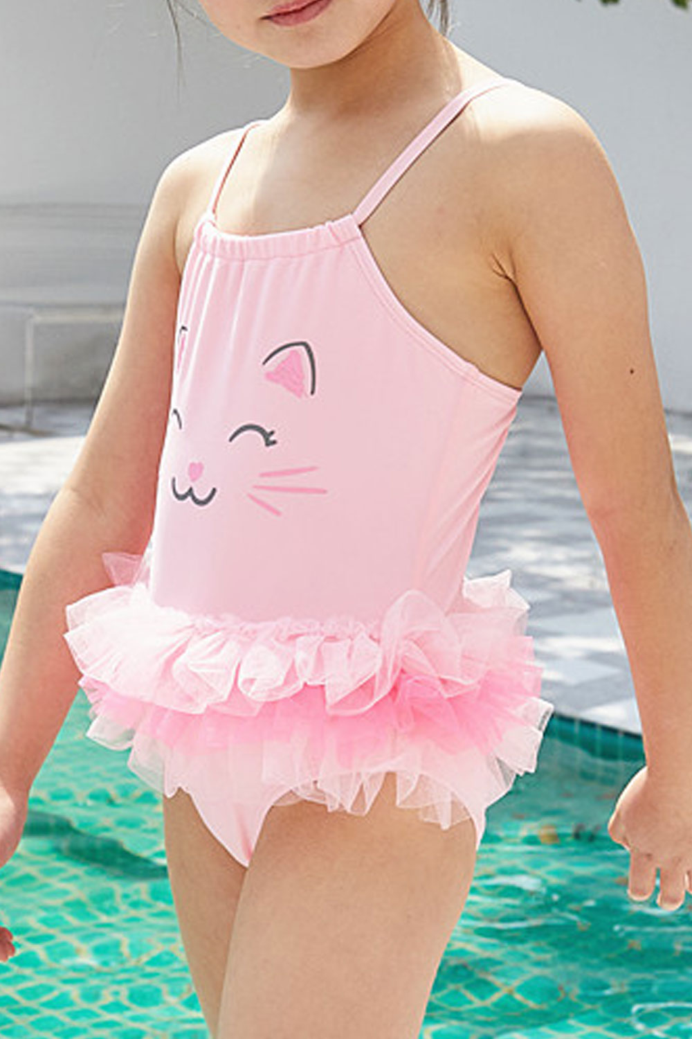Baby Girls Cartoon Printed Stretchable Strap Neck Swimsuit