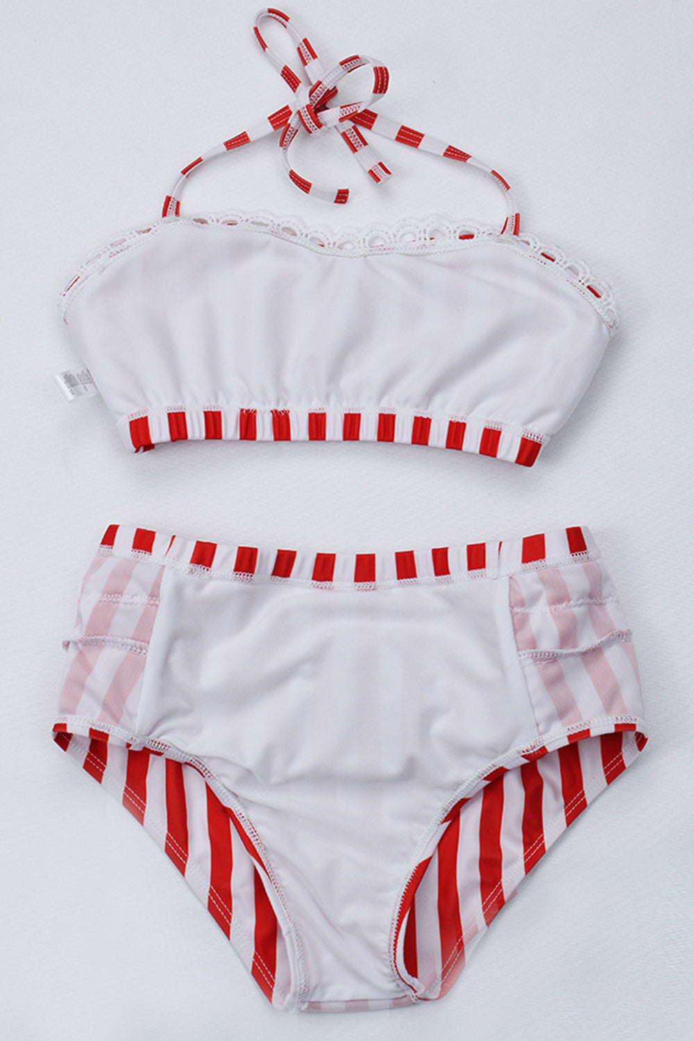 Baby Girls Striped Pattern Halter Neck Lace Two Piece Swimsuit