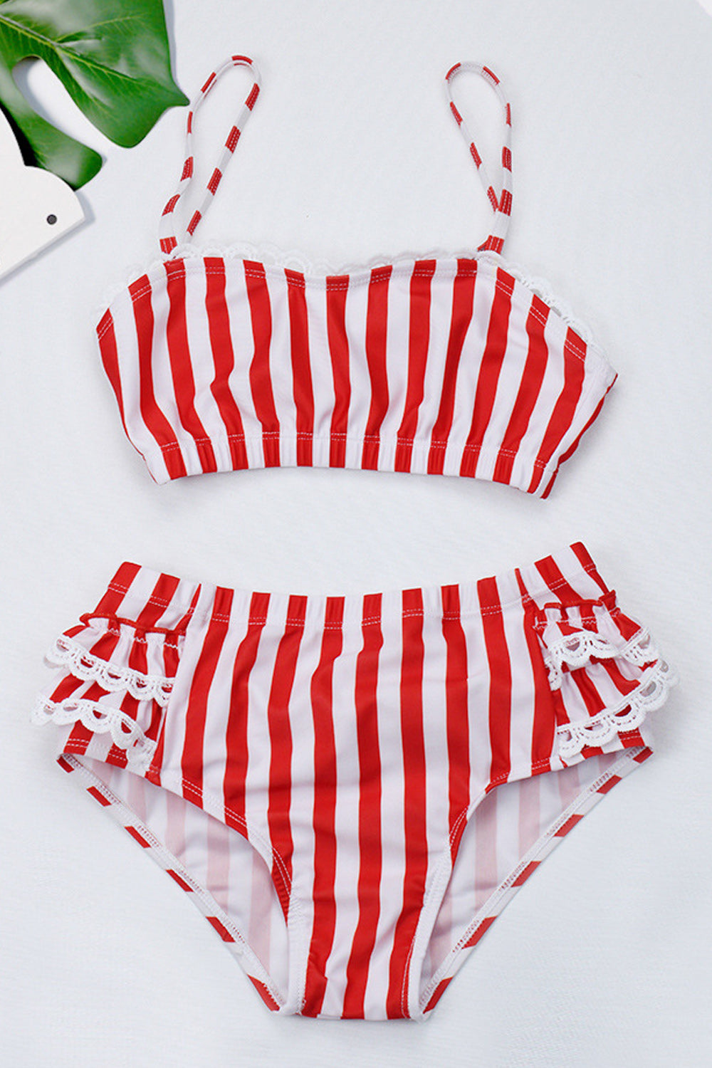 Baby Girls Striped Pattern Halter Neck Lace Two Piece Swimsuit