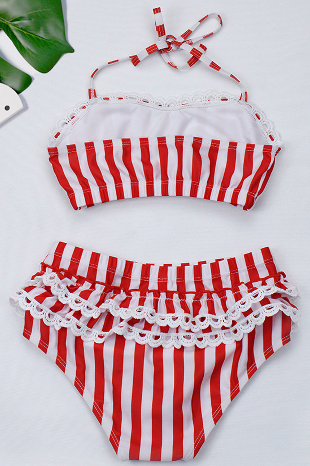 Baby Girls Striped Pattern Halter Neck Lace Two Piece Swimsuit