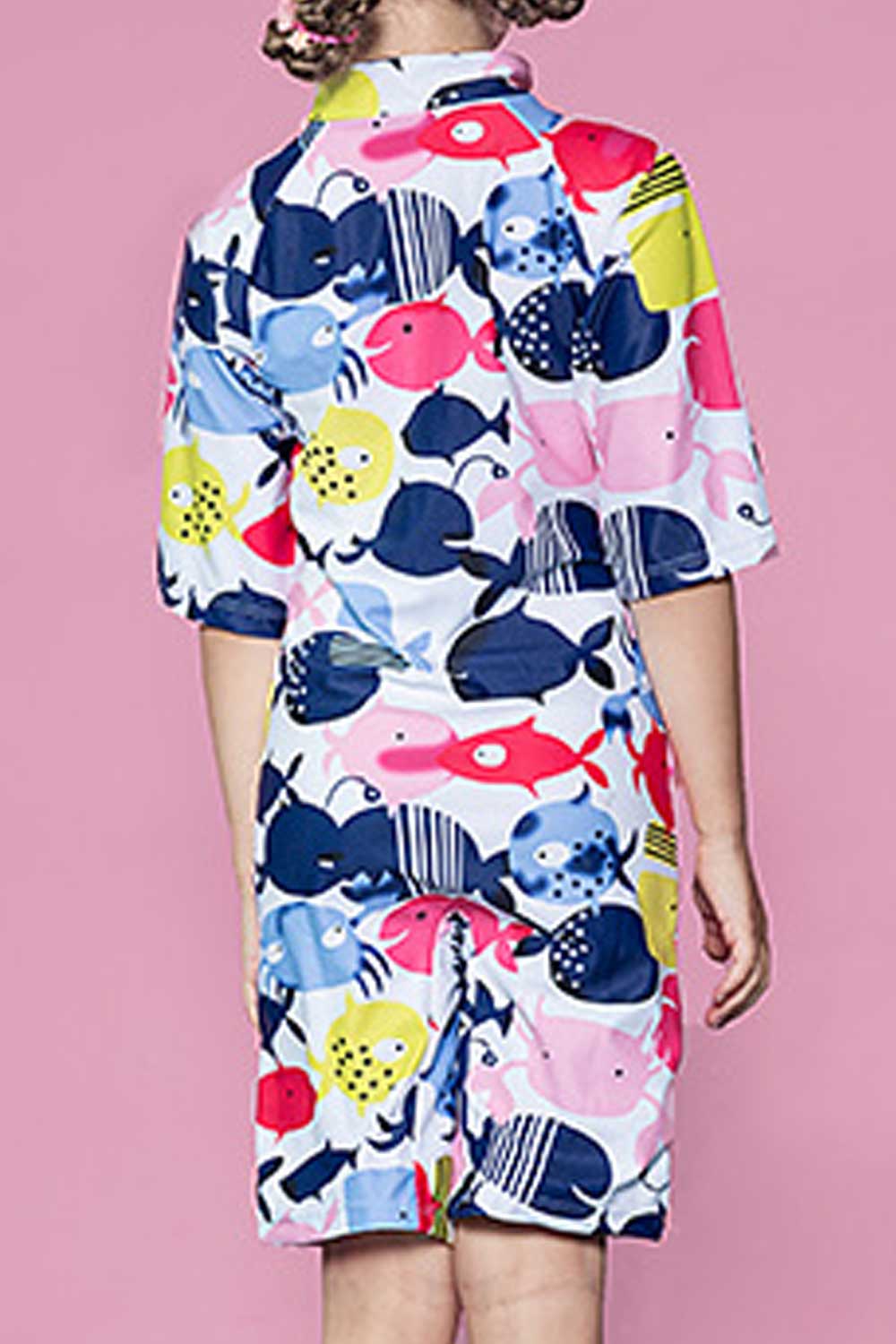 Baby Girls Zipper Closure Short Sleeve Pritned Pattern Swimsuit