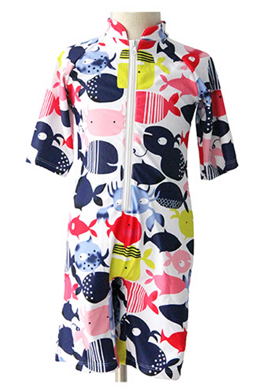 Baby Girls Zipper Closure Short Sleeve Pritned Pattern Swimsuit