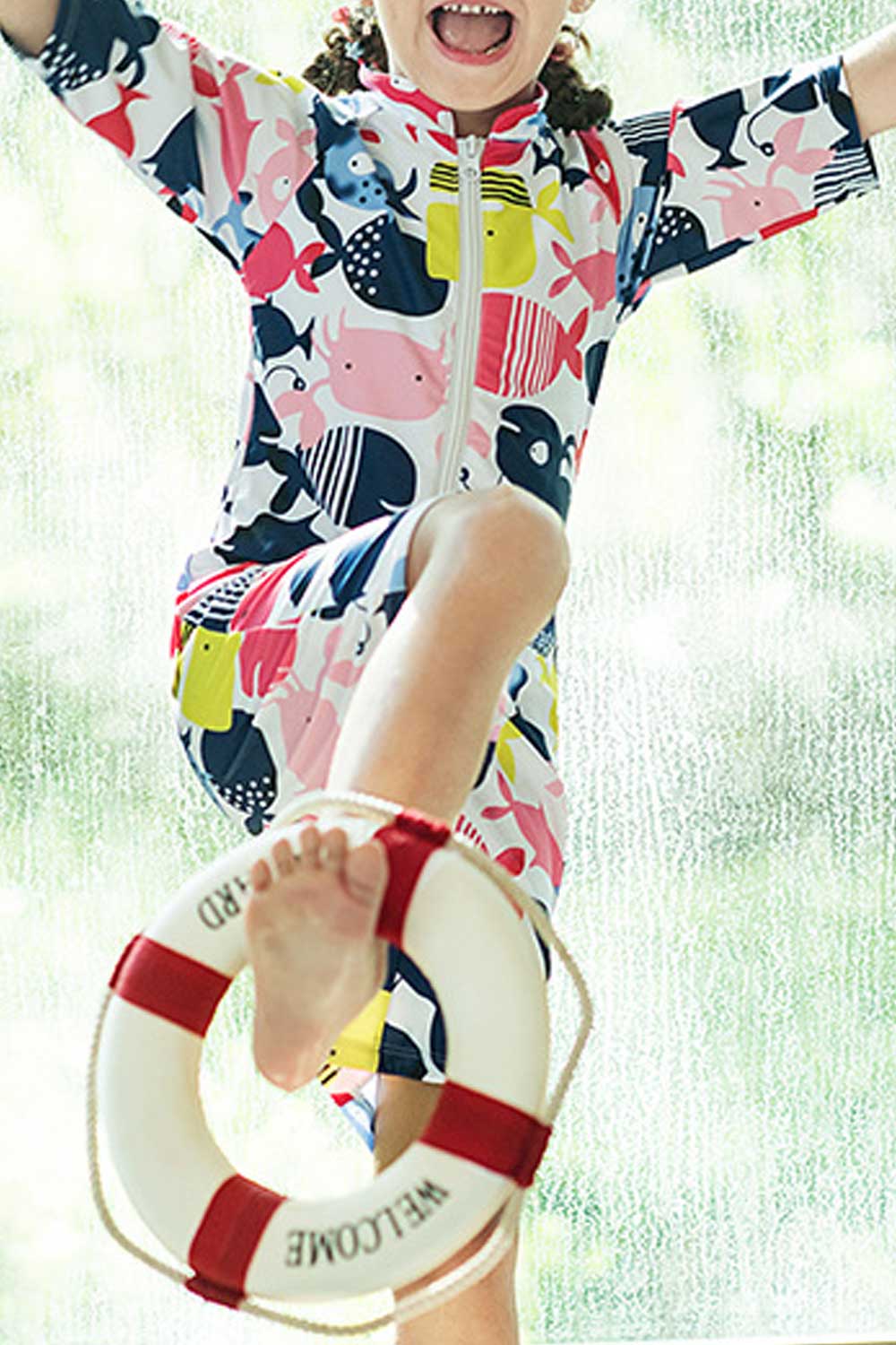 Baby Girls Zipper Closure Short Sleeve Pritned Pattern Swimsuit