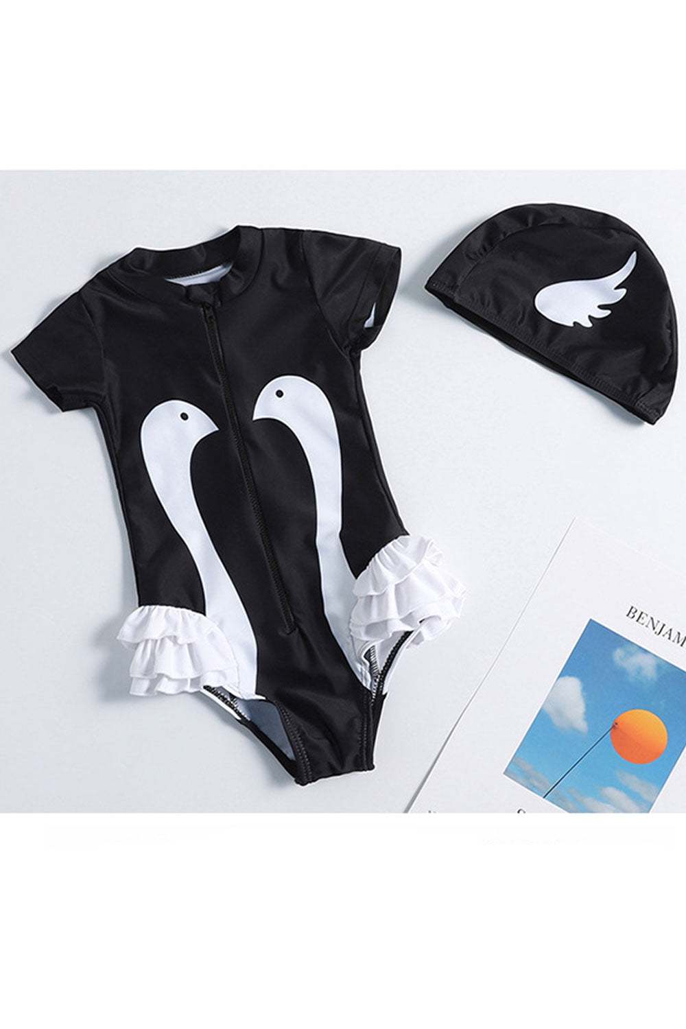 Toddler Girls Stylish Zipper Clouser Short Sleeve Swimsuit