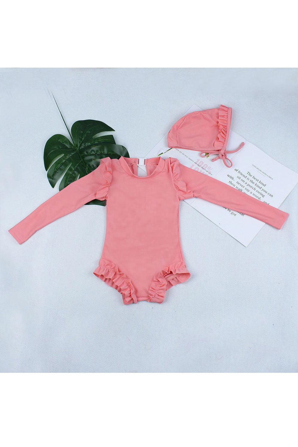 Baby Girls Solid Color Ruffle Long Sleeve One Piece Swimwear