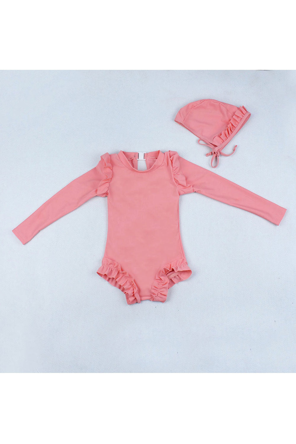 Baby Girls Solid Color Ruffle Long Sleeve One Piece Swimwear