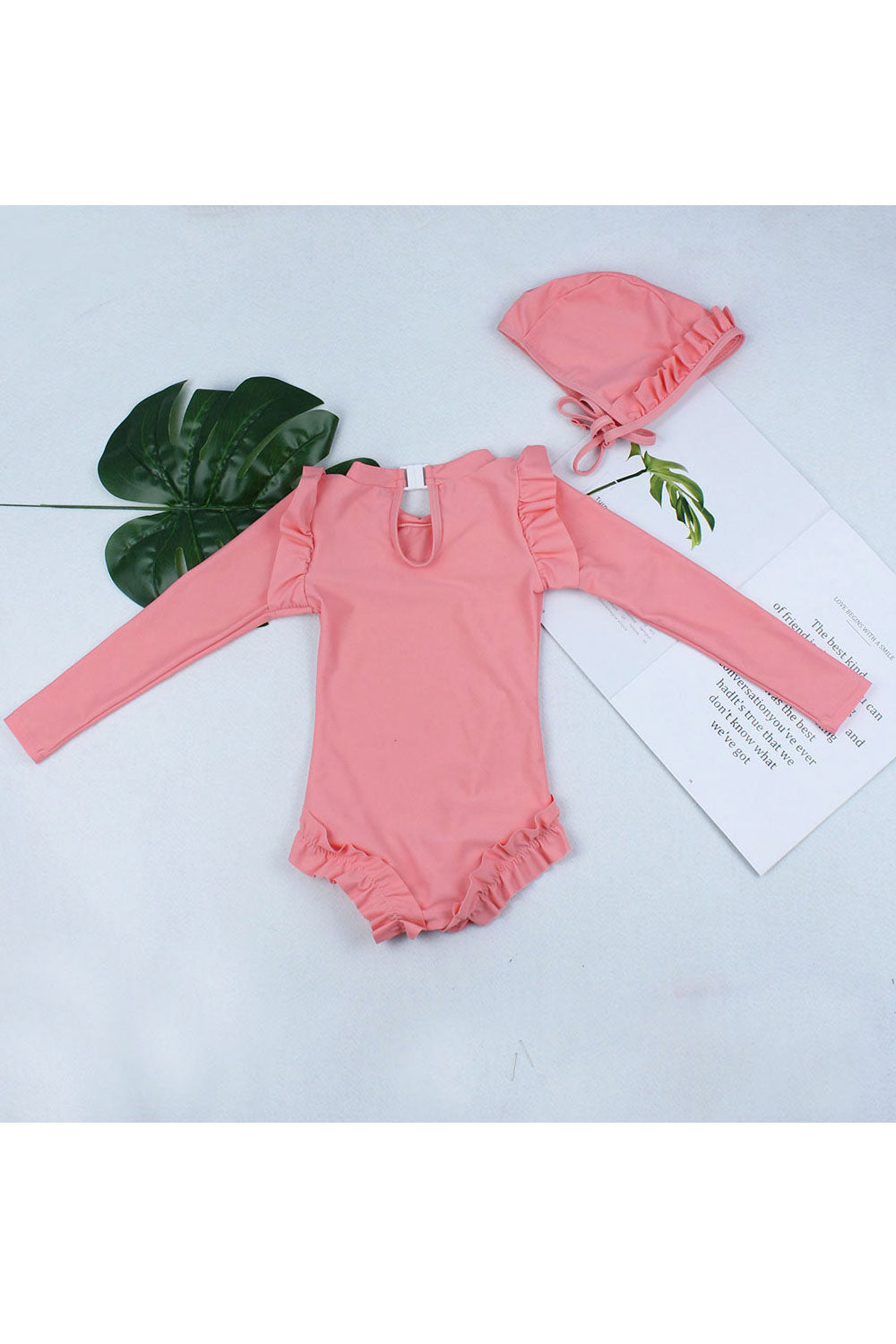 Baby Girls Solid Color Ruffle Long Sleeve One Piece Swimwear