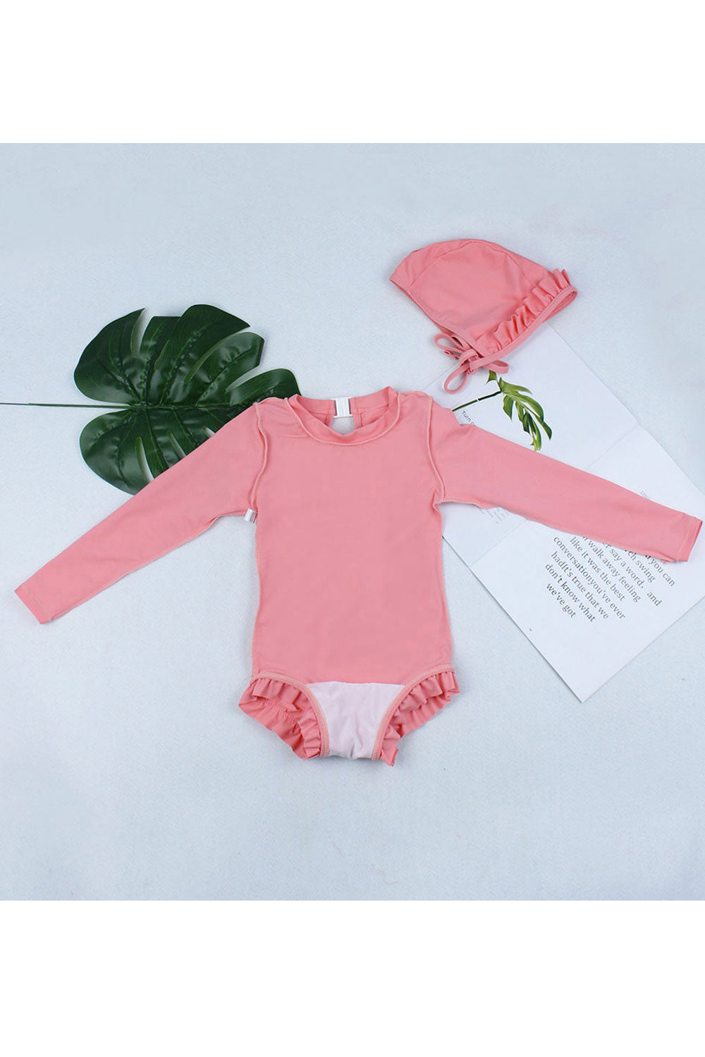 Baby Girls Solid Color Ruffle Long Sleeve One Piece Swimwear