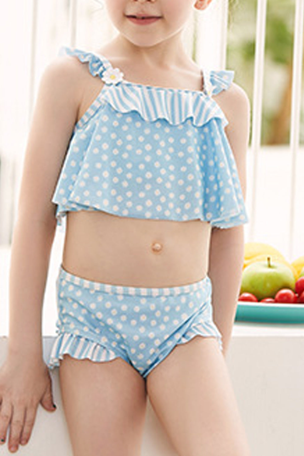 Toddler Girls Two Piece Pretty Polka Dot Flower Decorate Swimwear