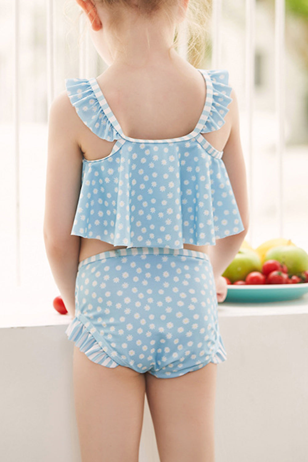 Toddler Girls Two Piece Pretty Polka Dot Flower Decorate Swimwear