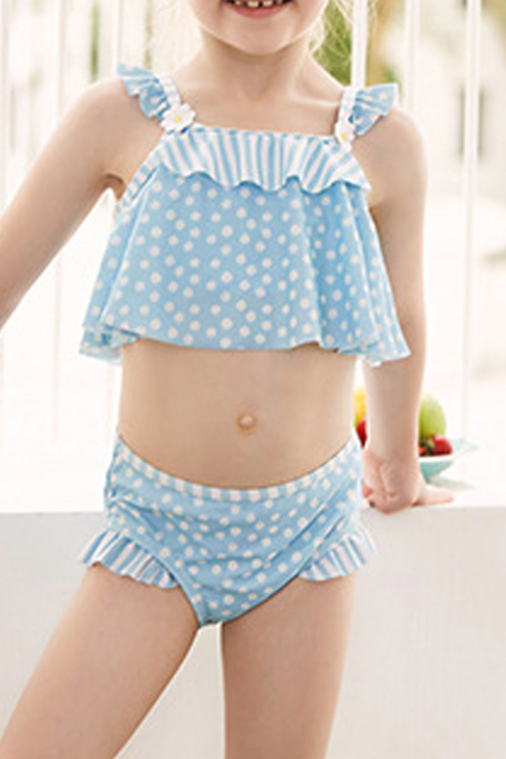Toddler Girls Two Piece Pretty Polka Dot Flower Decorate Swimwear
