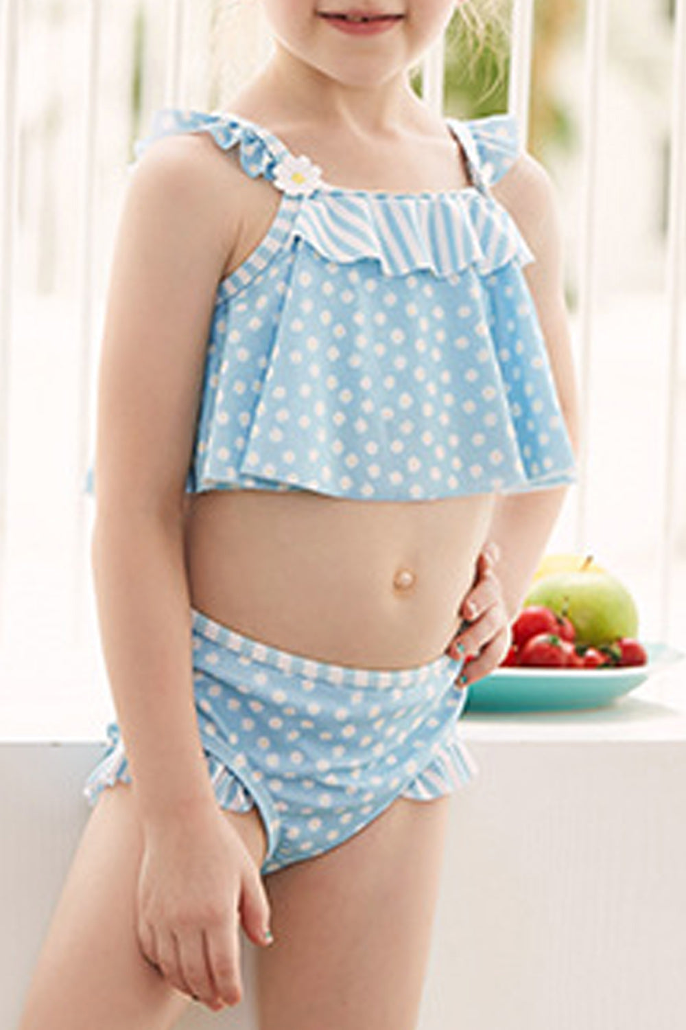 Toddler Girls Two Piece Pretty Polka Dot Flower Decorate Swimwear