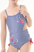 Toddler Girls Striped Pattern Flower Decorated One Piece Swimwear