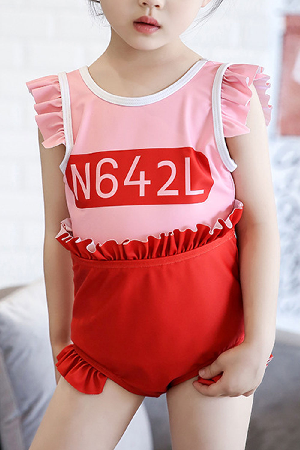 Toddler Girls One Piece Round Neck Ruffled Breathable Swimwear