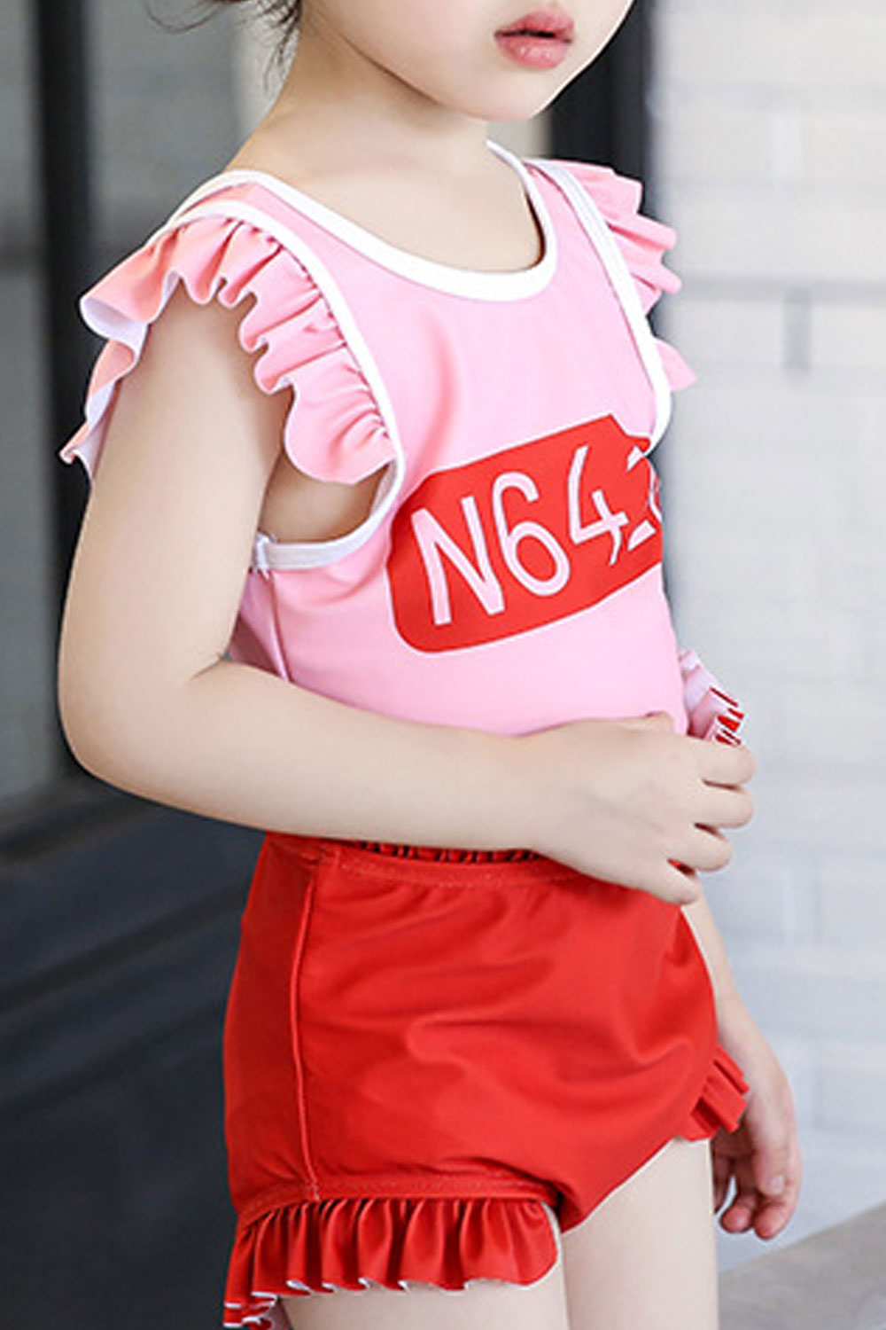 Toddler Girls One Piece Round Neck Ruffled Breathable Swimwear